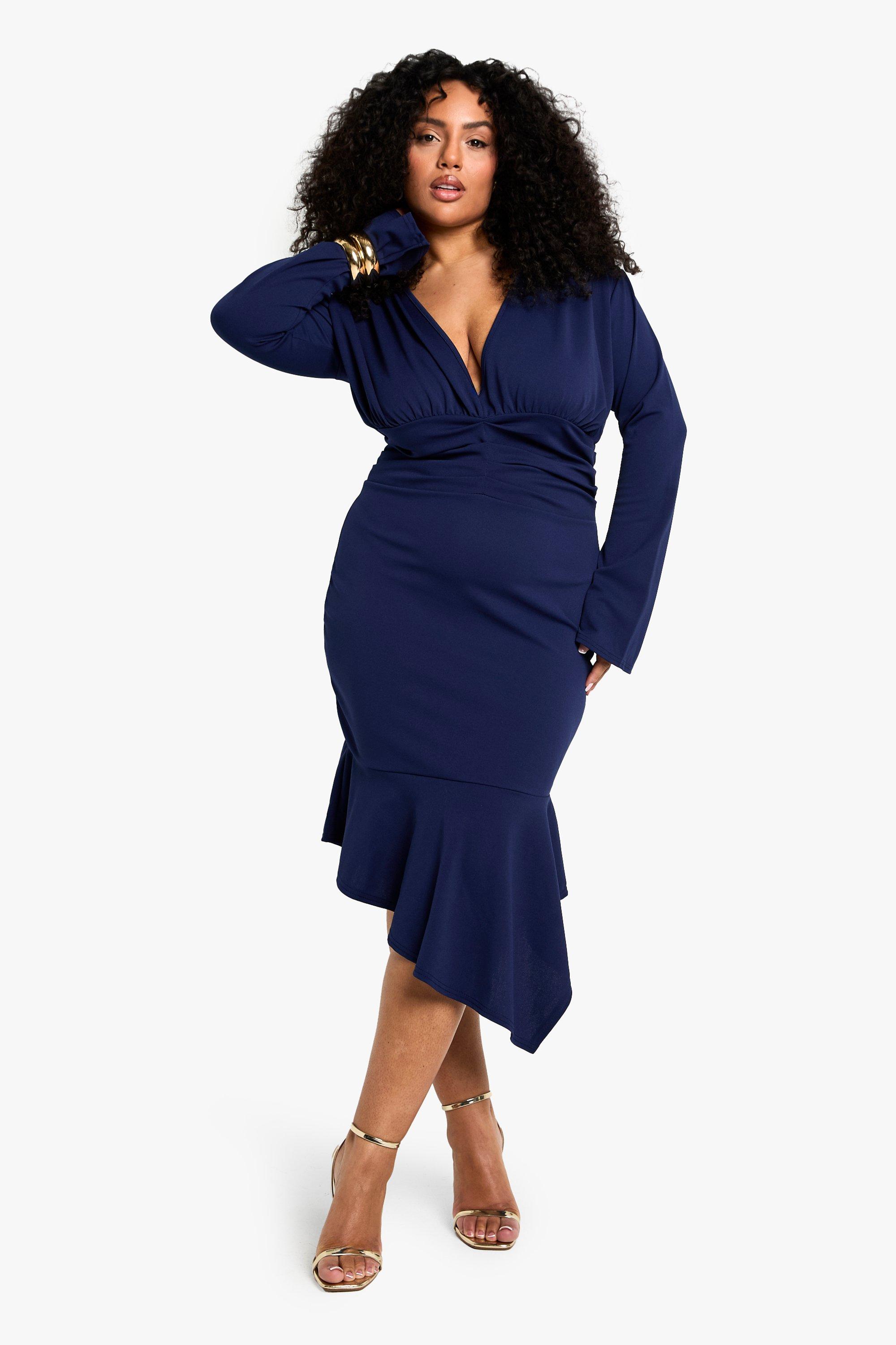 Boohoo Plus Asymmetrische Laag Uitgesneden Midi Jurk, Navy