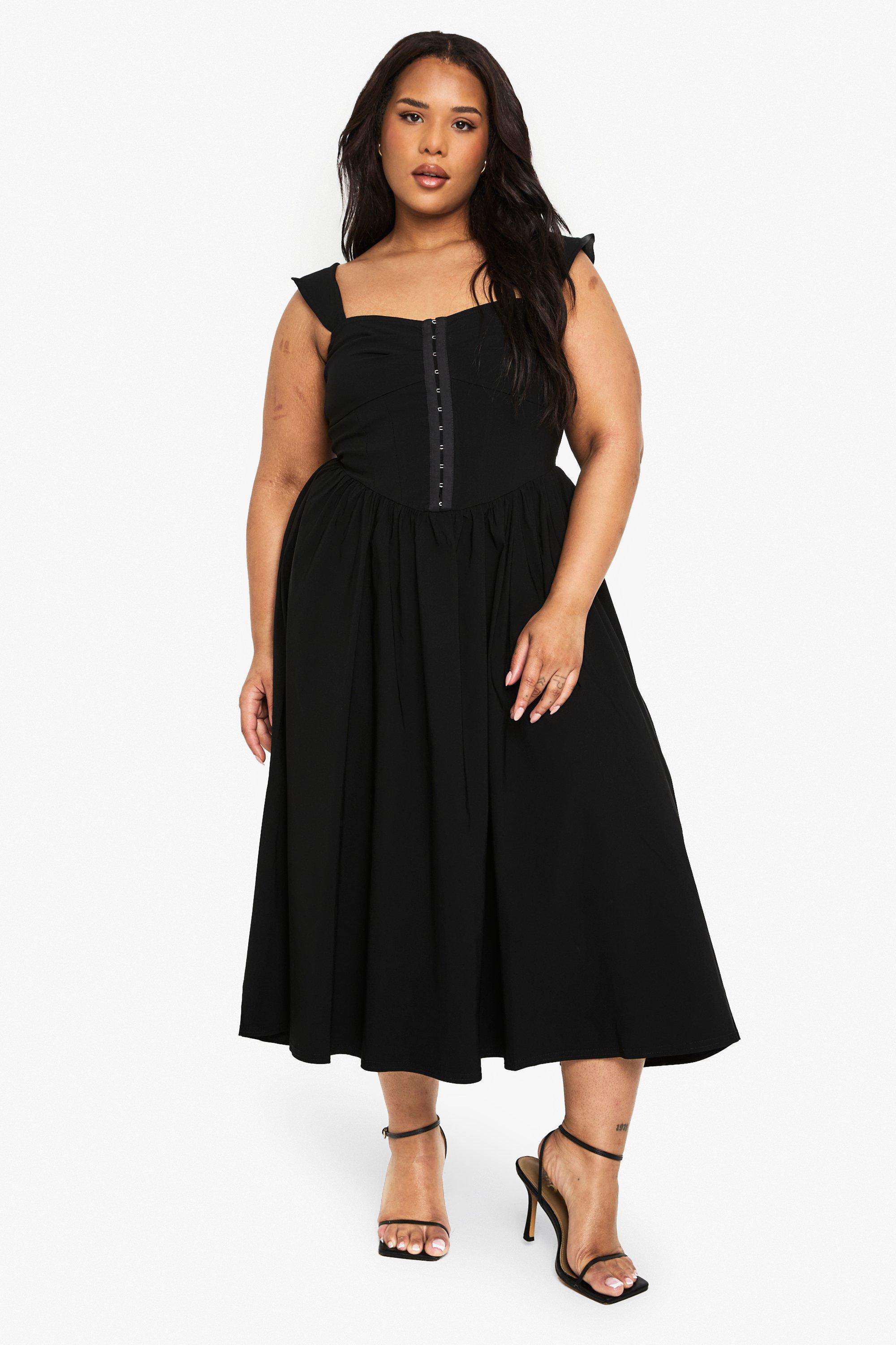 Boohoo Plus Midi Skater Jurk Met Korset Detail, Black