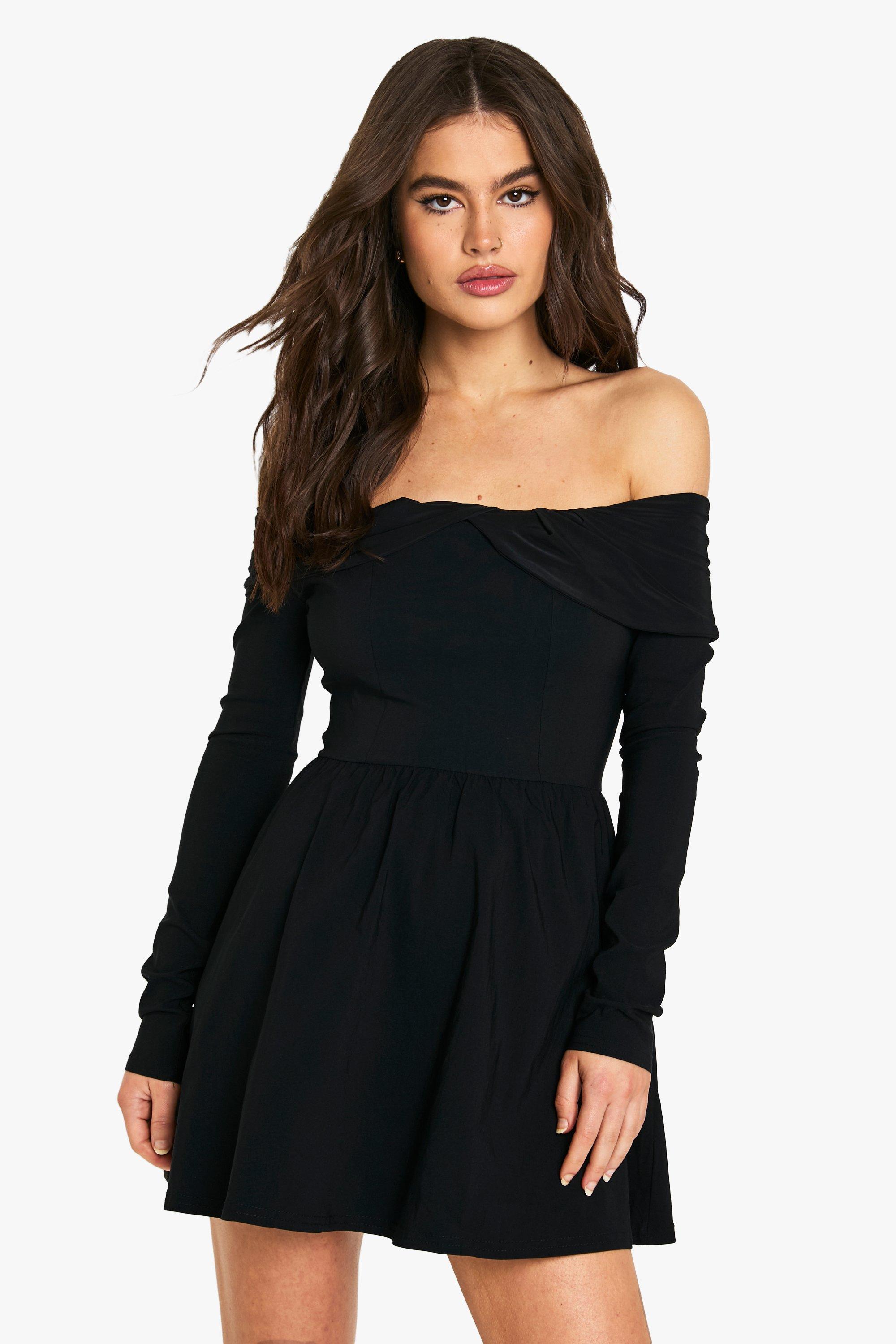 Boohoo Strakke Bengaline Skater Jurk Met Lange Mouwen, Black