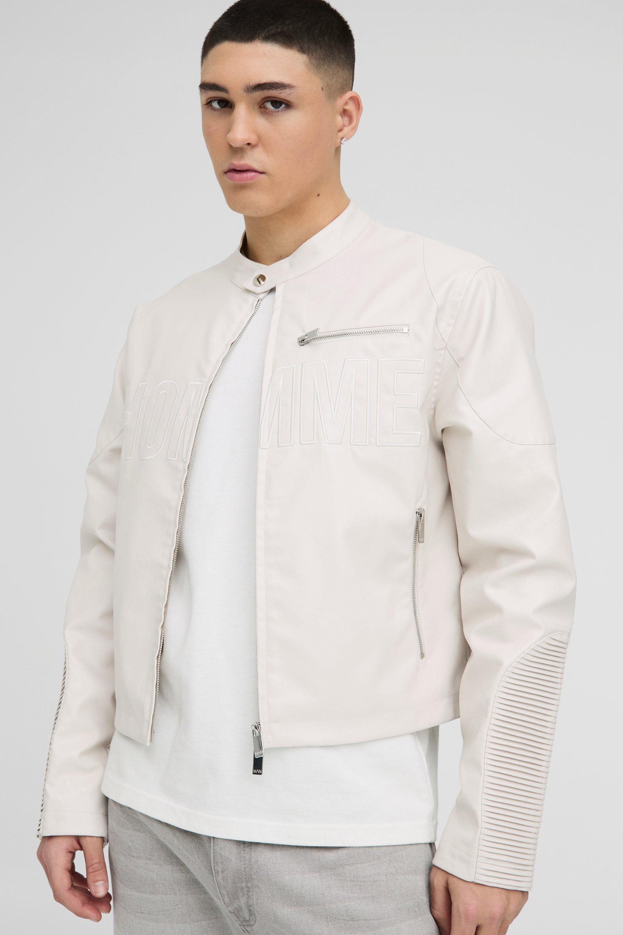 Boohoo Boxy Pu Homme Biker Jas, Ecru