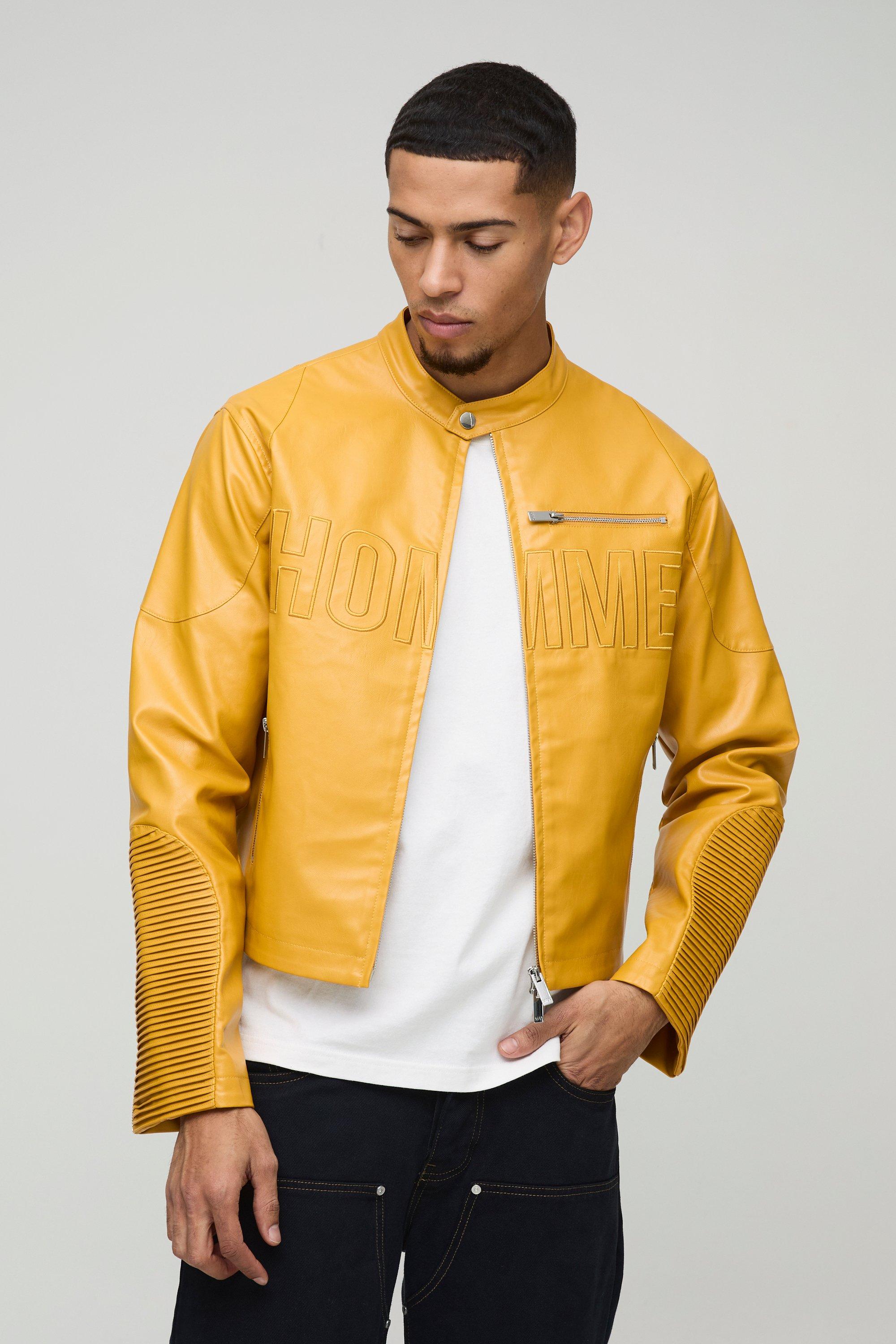 Boohoo Boxy Pu Homme Biker Jas, Mustard