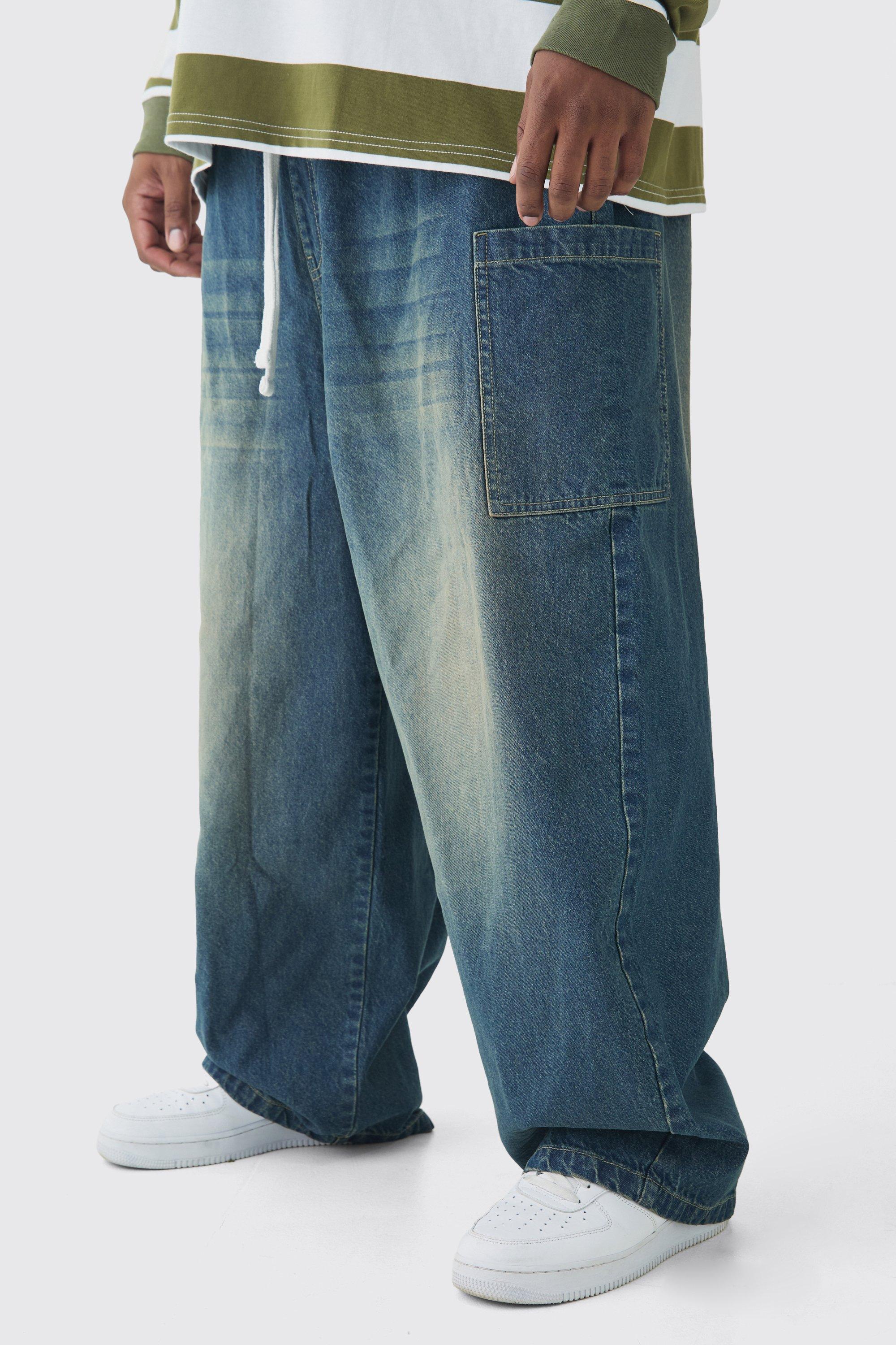 Boohoo Plus Skate Jeans Met Cargo Zakken, Mid Wash
