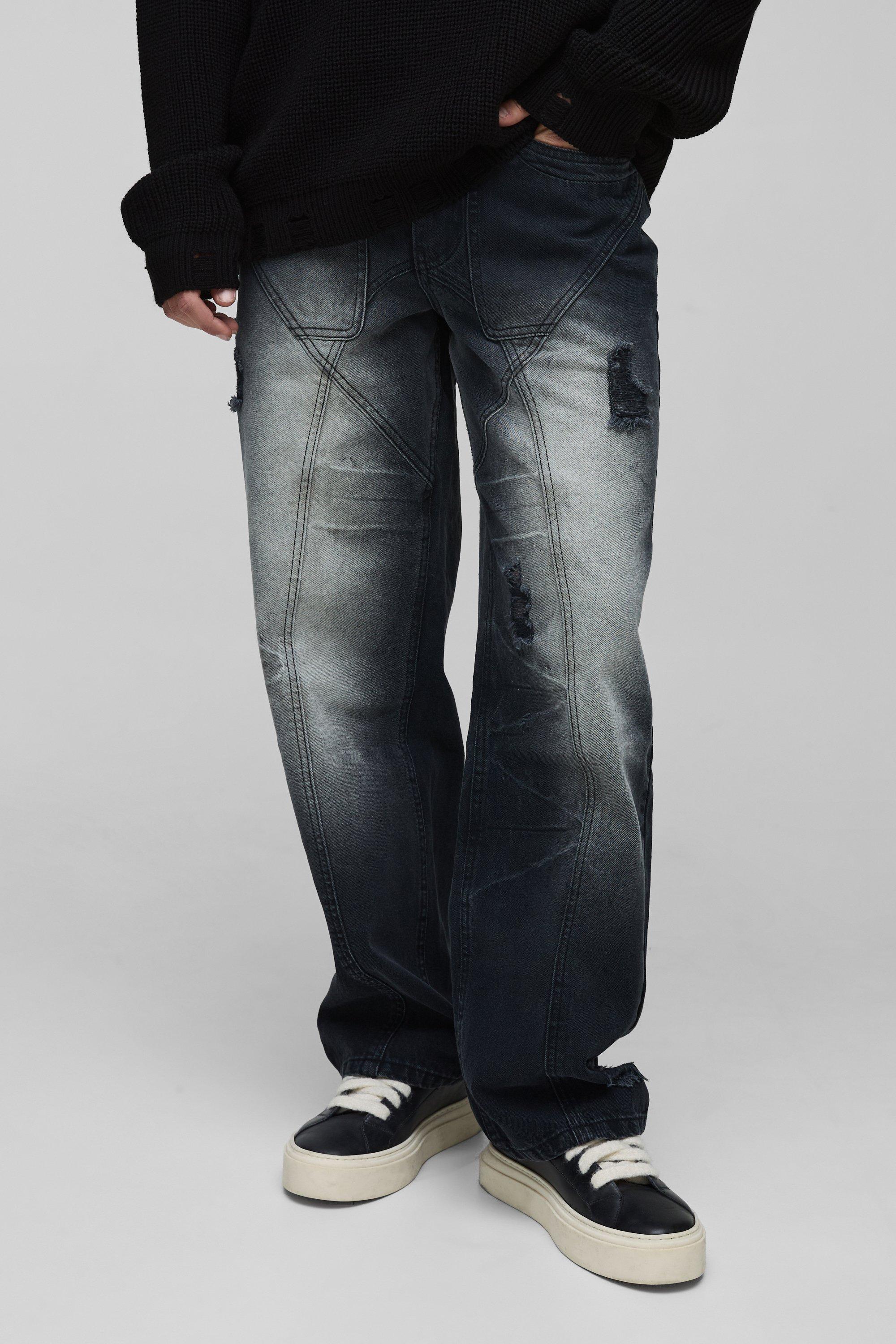 Boohoo Onbewerkte Onbewerkte Versleten Gekreukelde Gebleekte Jeans Met Panelen, Washed Black