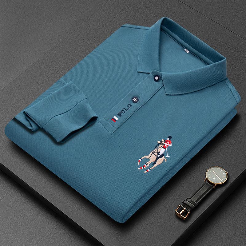 CHIC STUDIO Geborduurd heren poloshirt effen kleur herfst nieuwe revers middelbare leeftijd mensen lange mouw t-shirt XXL