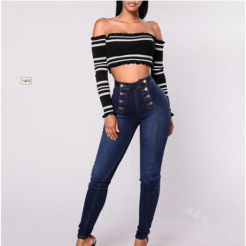 Wangpai Apparel Dames jeans double-breasted multi-knoop slim-fit elastische high-waist casual jeans 3XL