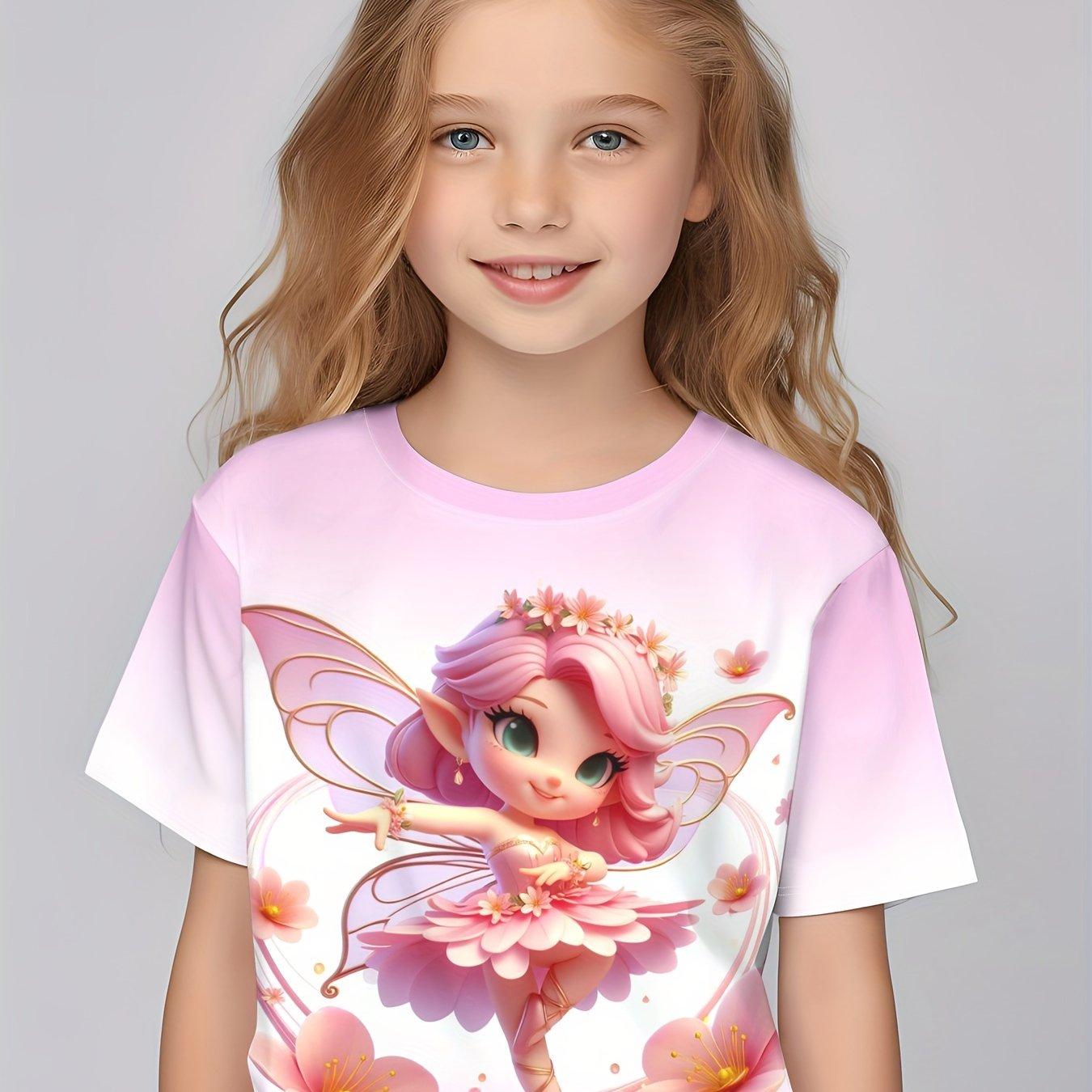 Xuhaijian02 Kinderkleding Meisjes Betoverende 3D Fee Print Korte Mouw T-shirt Tops Comfortabele Ronde Hals Casual T-shirts Kinderkleding Meisjes 100