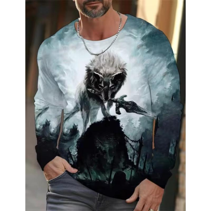 Forever Men Heren T-shirt met lange mouwen 3D-geprinte high-definition wolf dierenprint Heren herfsttops Casual ronde hals T-shirt S
