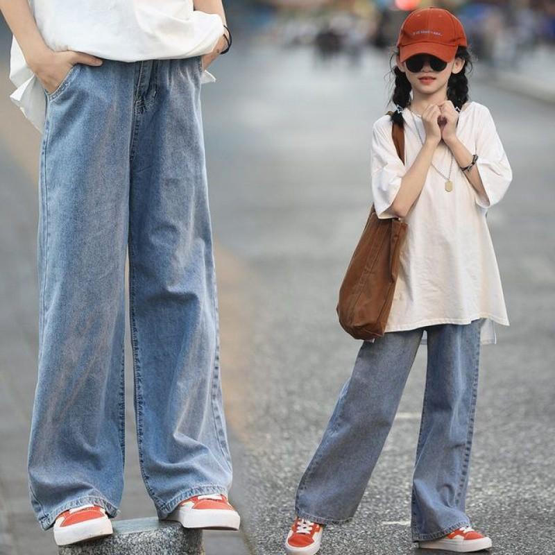 Ladie KAKA Meisjes Jeans Dunne Herfst Broek Casual Rechte Broek Grote Kinderen Zachte Losse Wijde Broek 170 blauw