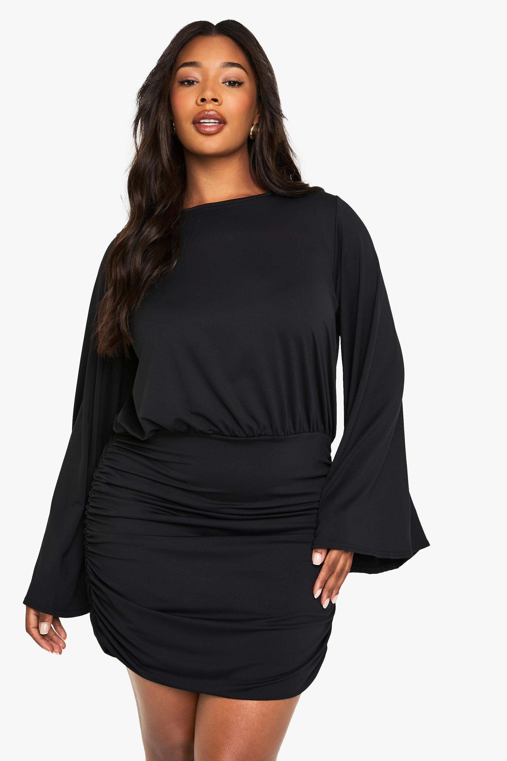 Boohoo Plus Gedrappeerde Premium Mini Jurk Met Vleermuismouwen, Black