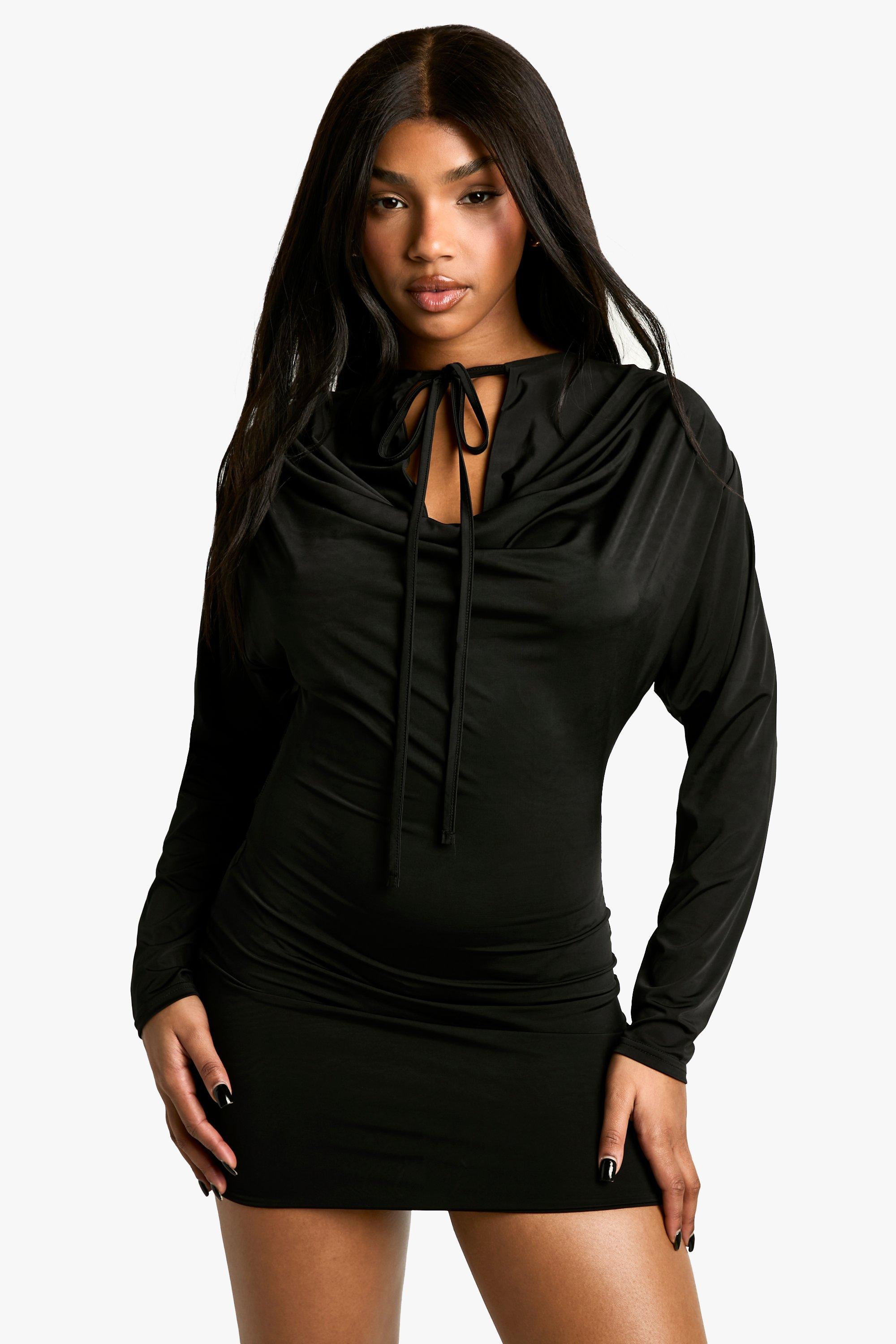 Boohoo Mini Jurk Met Col, Bandjes En Lange Mouwen, Black