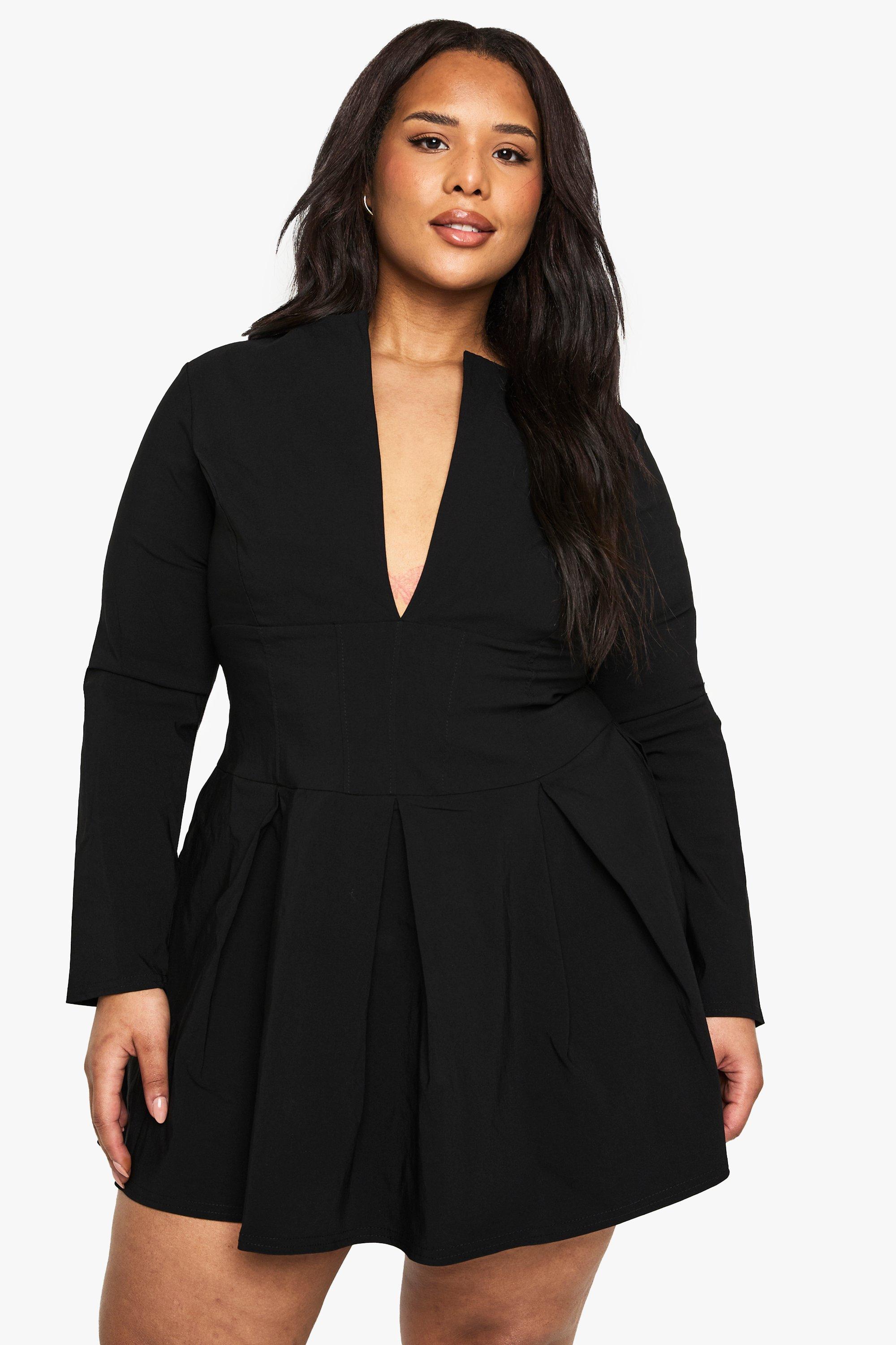 Boohoo Plus Jurk Met Lange Mouwen, Korset Detail, Laag Decolleté En Geplooide Zoom, Black