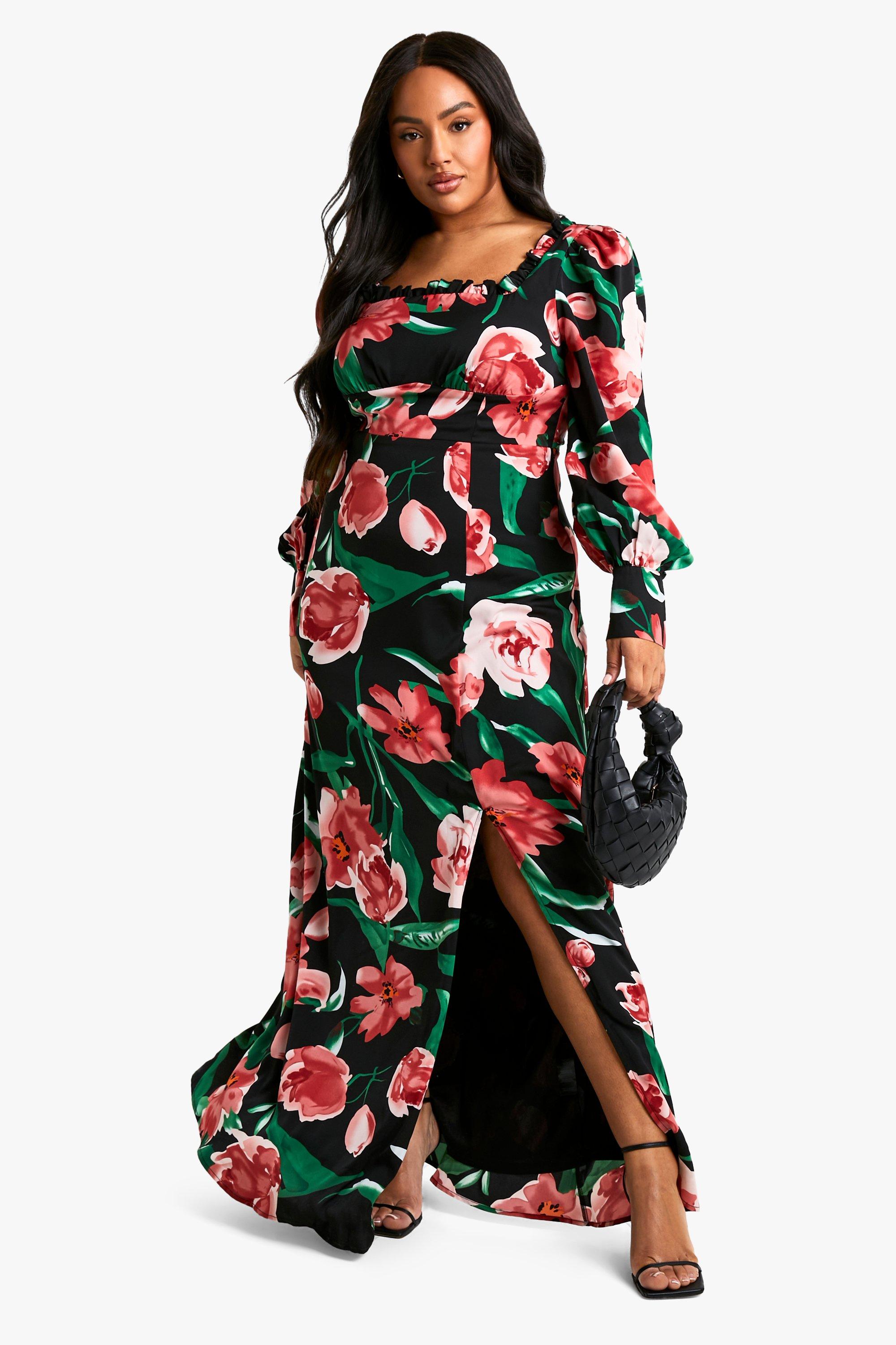 Boohoo Plus Bloemen Melkmeisjes Maxi Jurk Met Korset Detail, Black