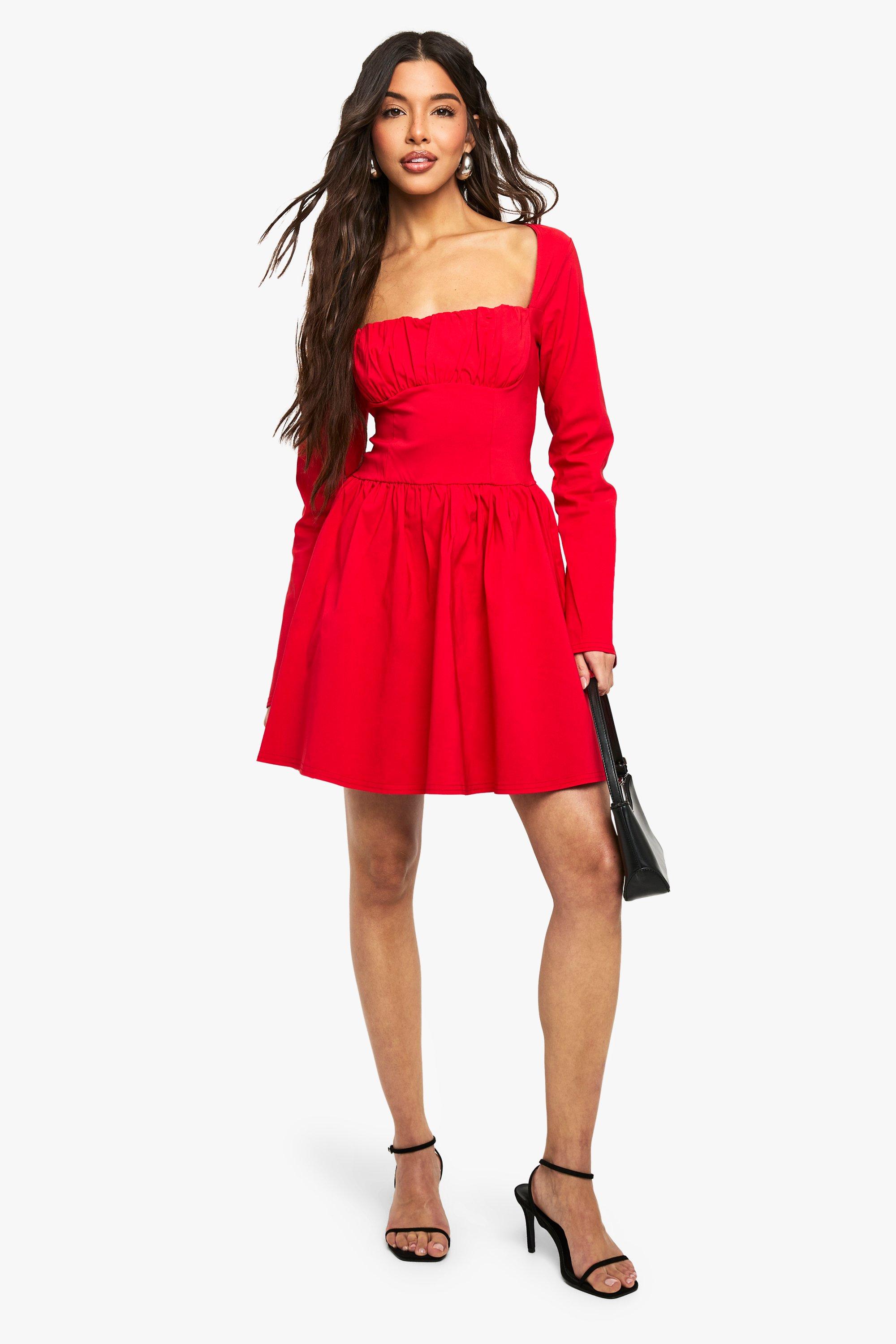 Boohoo Bengaline Skater Jurk Met Korset Detail En Lange Mouwen, Red