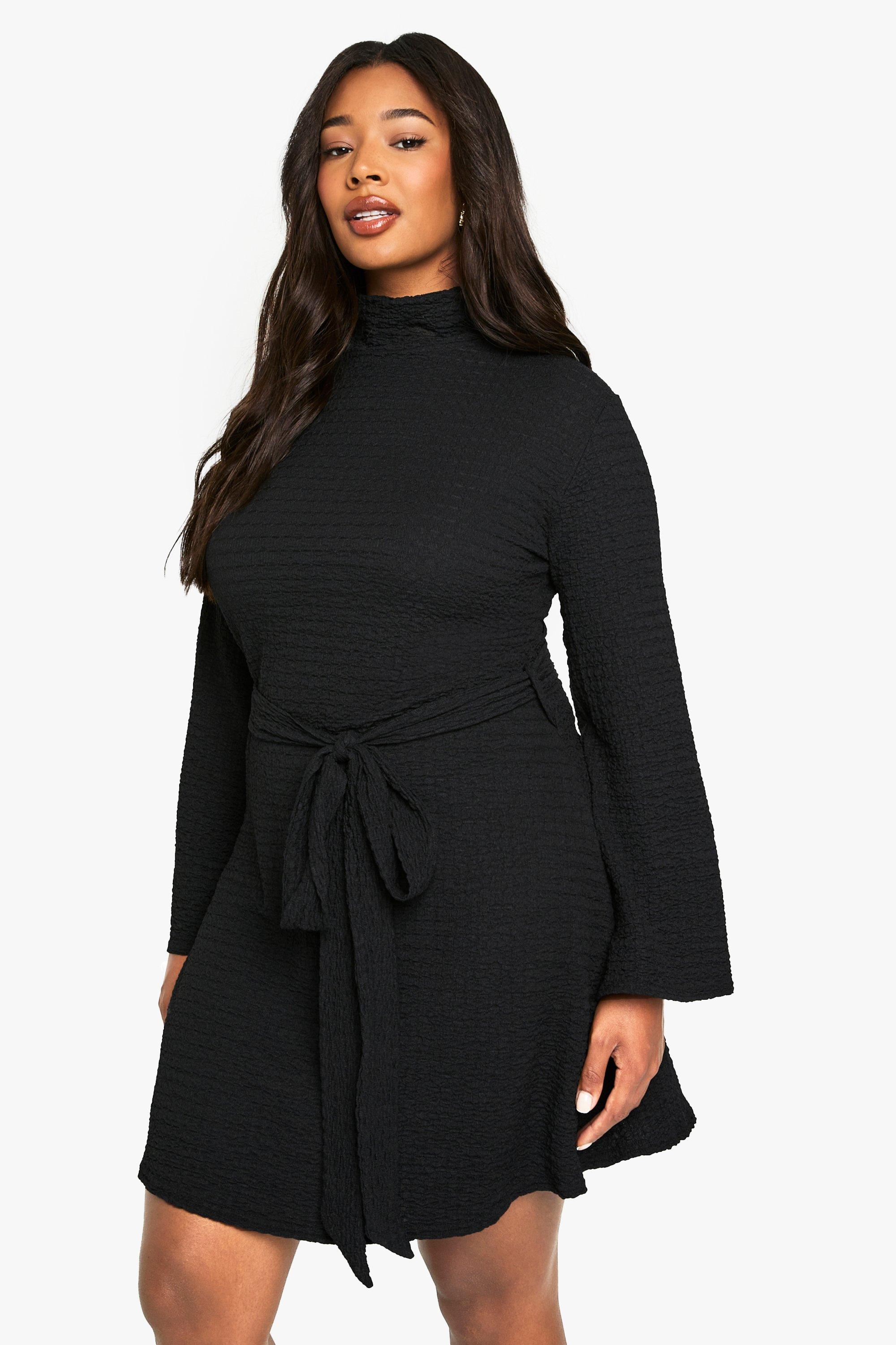 Boohoo Plus Skater Jurk Met Textuur En Ceintuur, Black