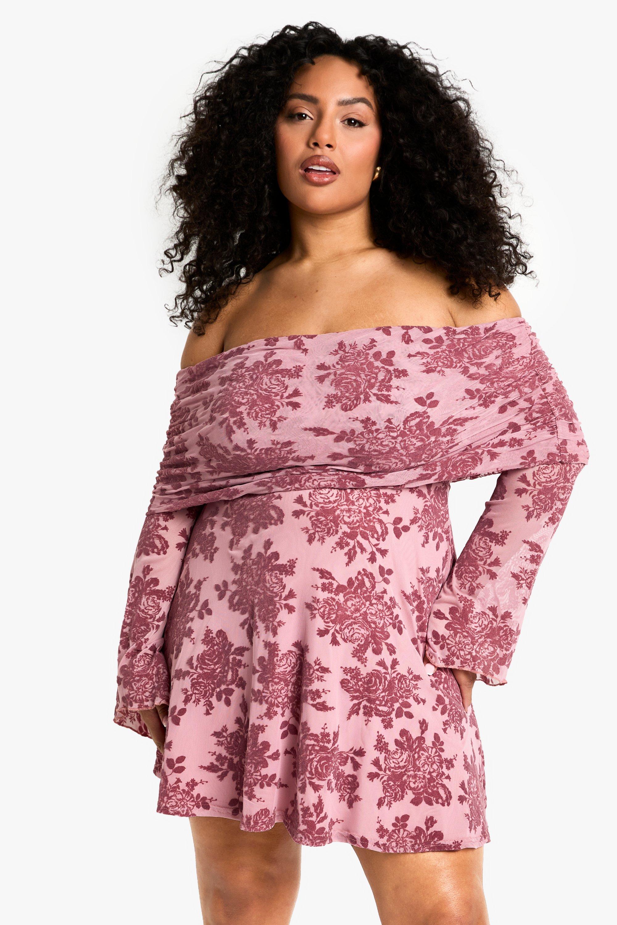 Boohoo Plus Mini Jurk Met Wijde Mouwen, Mauve