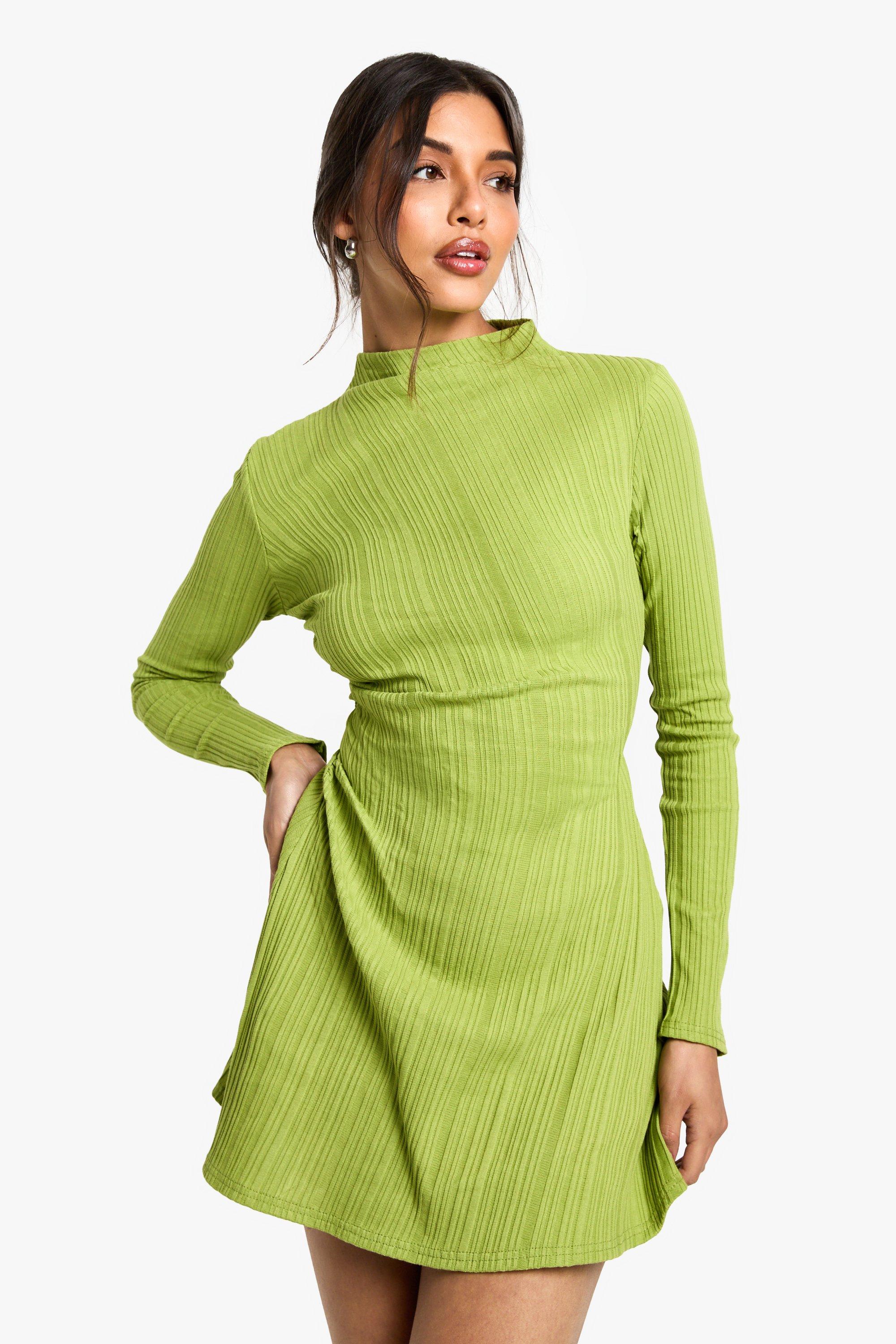 Boohoo Geplooide Skater Jurk Met Hoge Hals, Olive