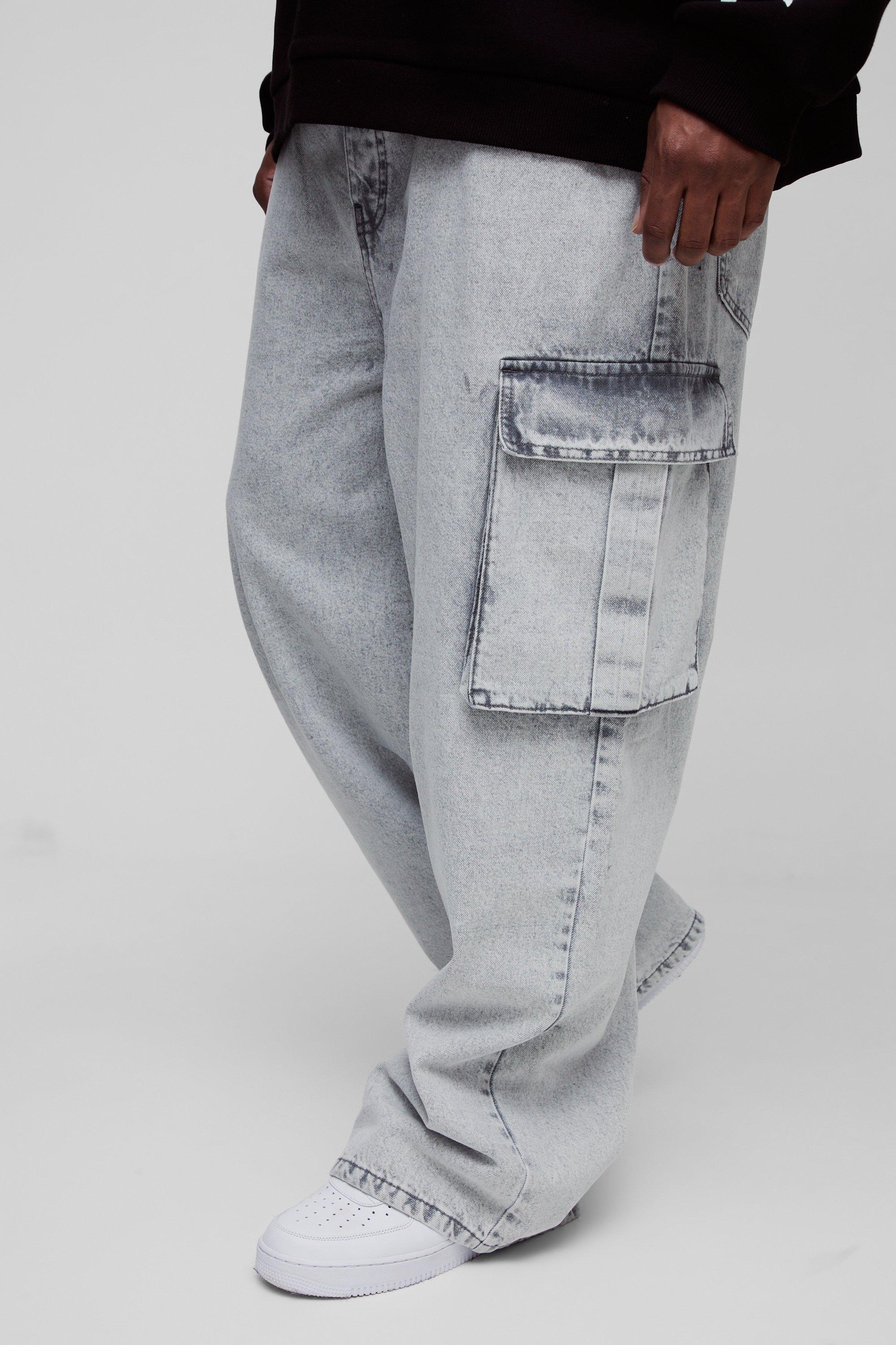 Boohoo Plus Baggy Cargo Ice Wash Jeans, Ice Grey