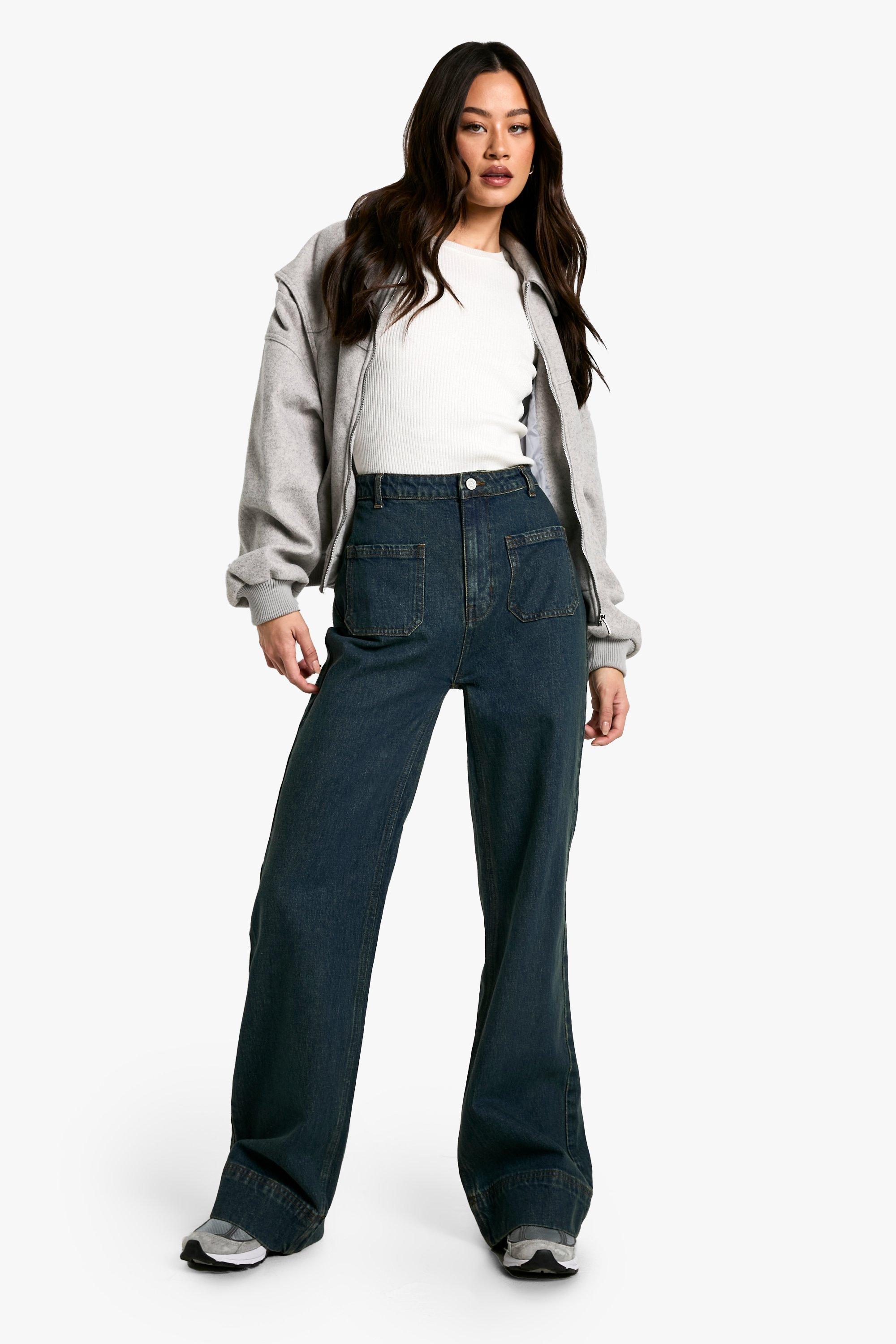 Boohoo Tall Flared Jeans Met Zak Detail, Vintage Blue