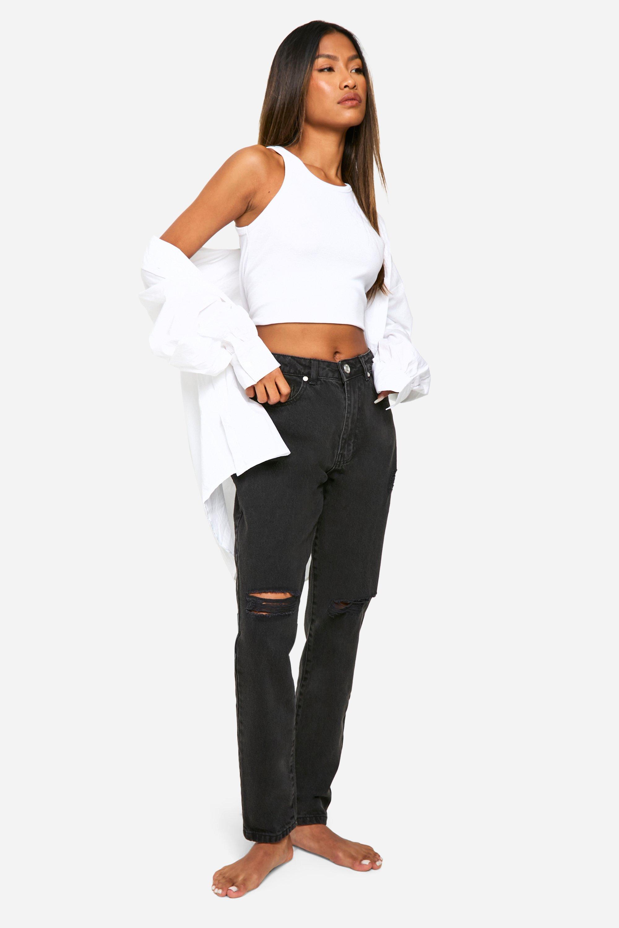 Boohoo Gescheurde Basic Mom Jeans Met Hoge Taille, Washed Black