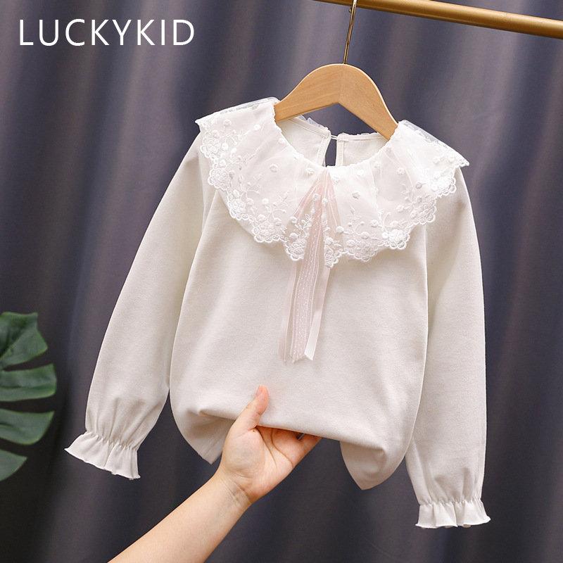 G.DUCK KIDS Witte shirts voor meisjes Lange mouwen Ruffle meisjesblouses Lente Herfst Schoolmeisjes Kanten shirt Prinsessen tops 100