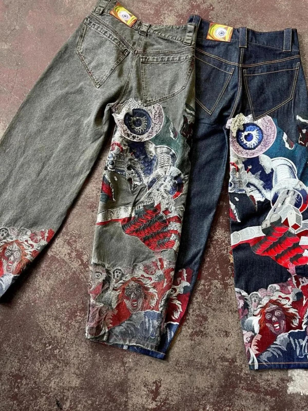 Tinicoo Streetwear Jeans Y2K Harajuku Gothic Retro Hip Hop Geborduurde Baggy Jeans Heren Dames Nieuwe Hoge Taille Wijde Pijp Broek S