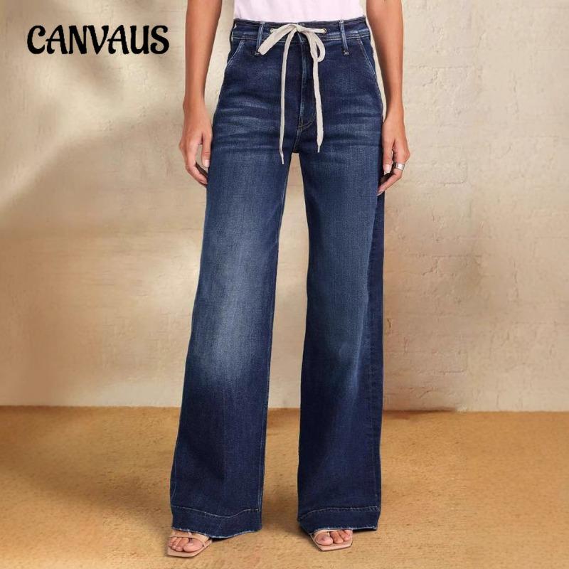 CANVAUS Nieuwe lente veter-stretch jeans voor dames met rechte pasvorm, wijde pijpen en modellen met temperament S donkerblauwe kleur
