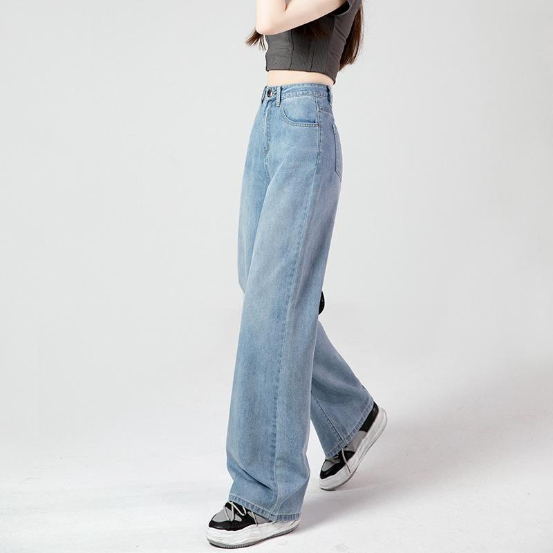 Qiu Yi Hoge taille wijde pijpen losse rechte pijpen gedrapeerde jeans S zwart