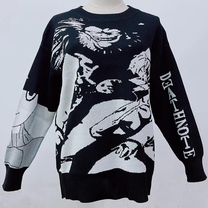 HipHop Fashion Heren hiphop anime patroon Harajuku retro gebreide top straatkleding lange mouwen trui M zwart