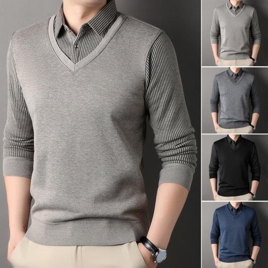 Aoring Heren Trui Nep Tweedelige Shirt En Trui Snijden Formele Zakelijke Stijl Omgeslagen Kraag Lange Mouwen Gestreept Kantoor Herfst Lente Top XL kameel