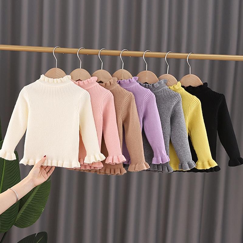 Lawadka Meisjes gebreide truien Pullovers Ruffles Hals Trui Warme coltrui Gevoerd Herfst Winter Kinderkleding Meisjes Truien Boutique Tops 80 bruin