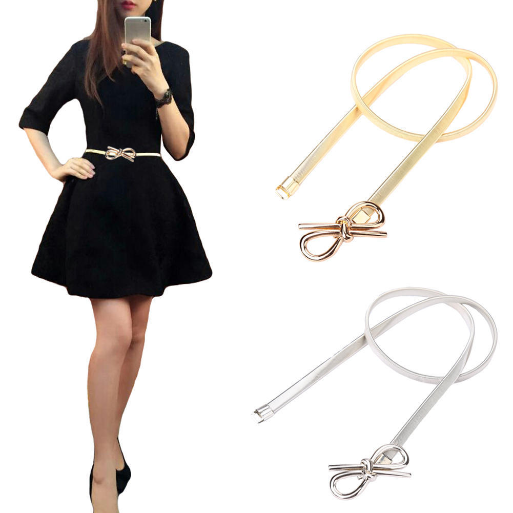 Koogeelife Nieuwe mode vrouwen riem striksluiting voorkant stretch skinny elastische riem strik tailleband zilver