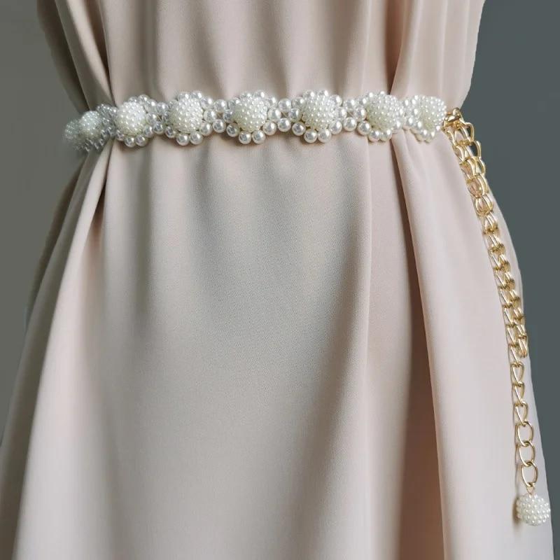 Mango Event Witte parel gevlochten tailleband vrouwelijke overhemd decoratie taille ketting gotische elegante parel hanger riem voor vrouwen 115cm wit