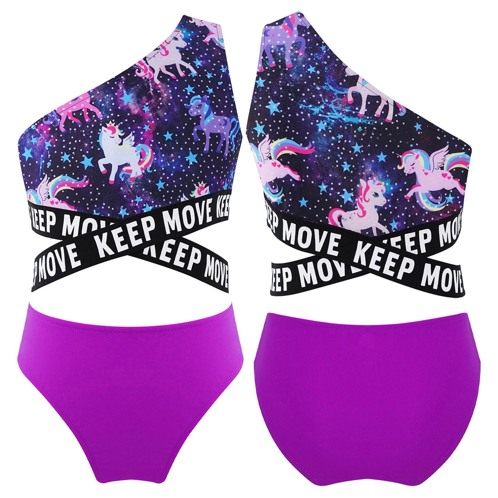 Manyakai 2 stuks kinderen meisjes asymmetrische enkele schouderband criss sash print crop tops en slips set strand zwembad zwemmen badpak 5-6 Years groen/zwart