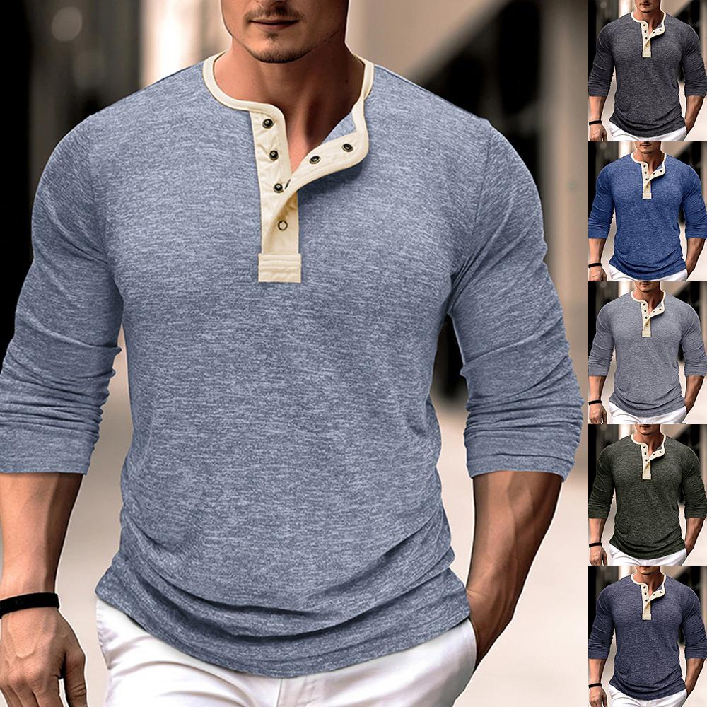 AL Clothes Heren effen henley T-shirt met lange mouwen, casual trui, losse tops, effen blouse S
