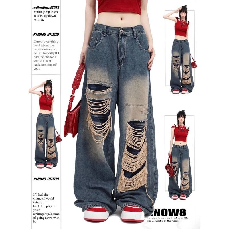 Exotic Amerikaanse Retro Jeans Losse Wijde Pijpen Jeans Vrouwen Blue Hole Look Dunne Trendy All-match Wijde Pijpen Rechte Mopping Broek Vrouwen 2024 S blauw