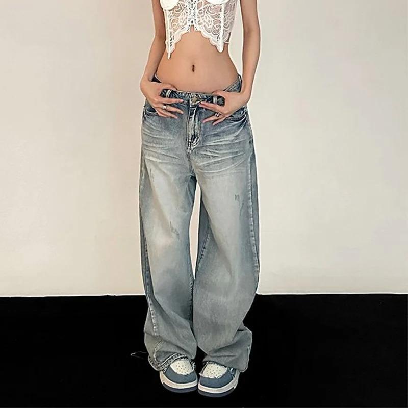 Exotic Y2K Retro Baggy Jeans Vrouwen Vintage Streetwear Oversized Denim Broek Skinny Hippie Rechte Wijde Pijpen Broek Koreaanse Stijl S blauw
