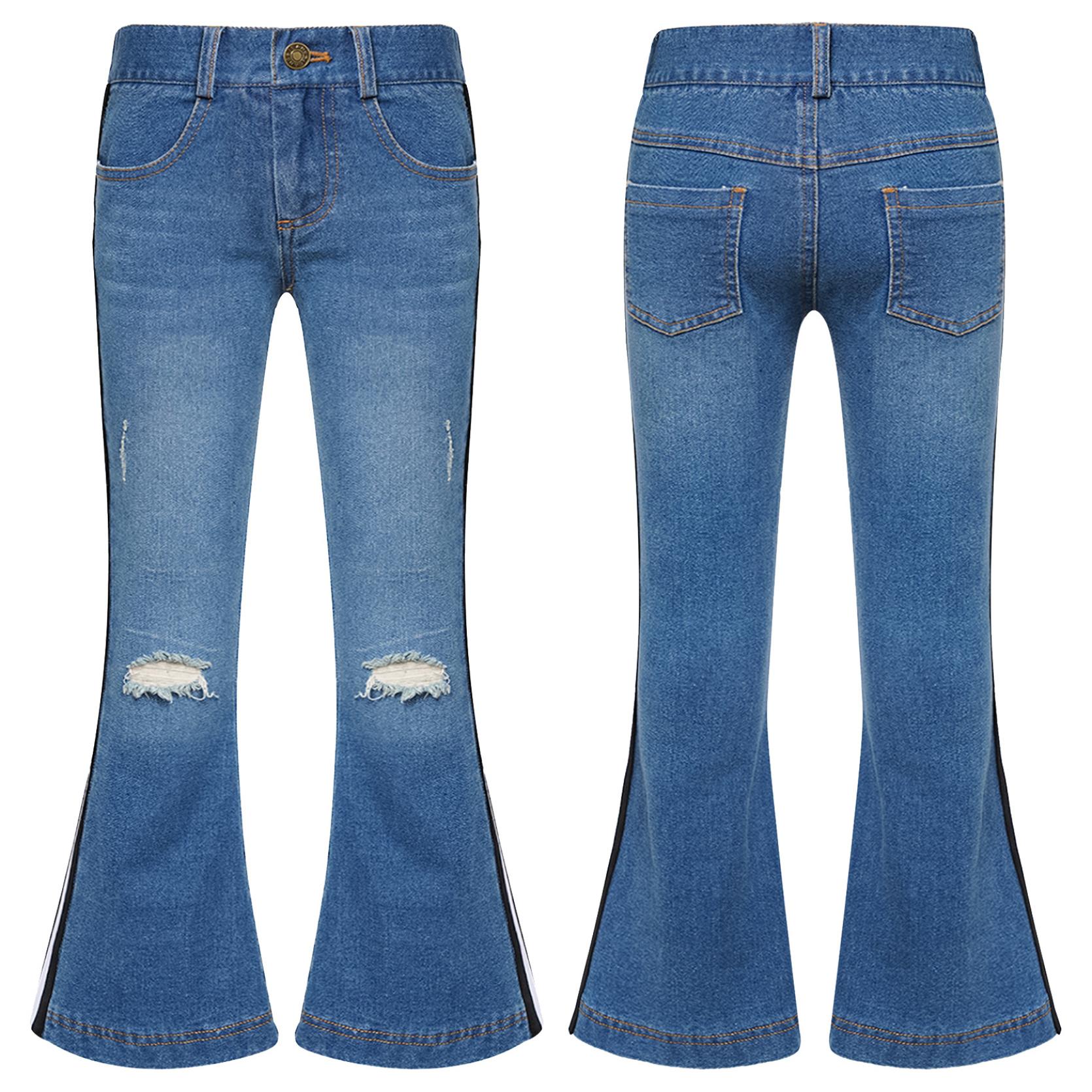 IEFiEL Kinderen Meisjes Casual Gestreepte Zijkant Lange Broek Elastische Tailleband Gescheurde Bell-bottom Zoom Denim Broek 9-10 Years blauw