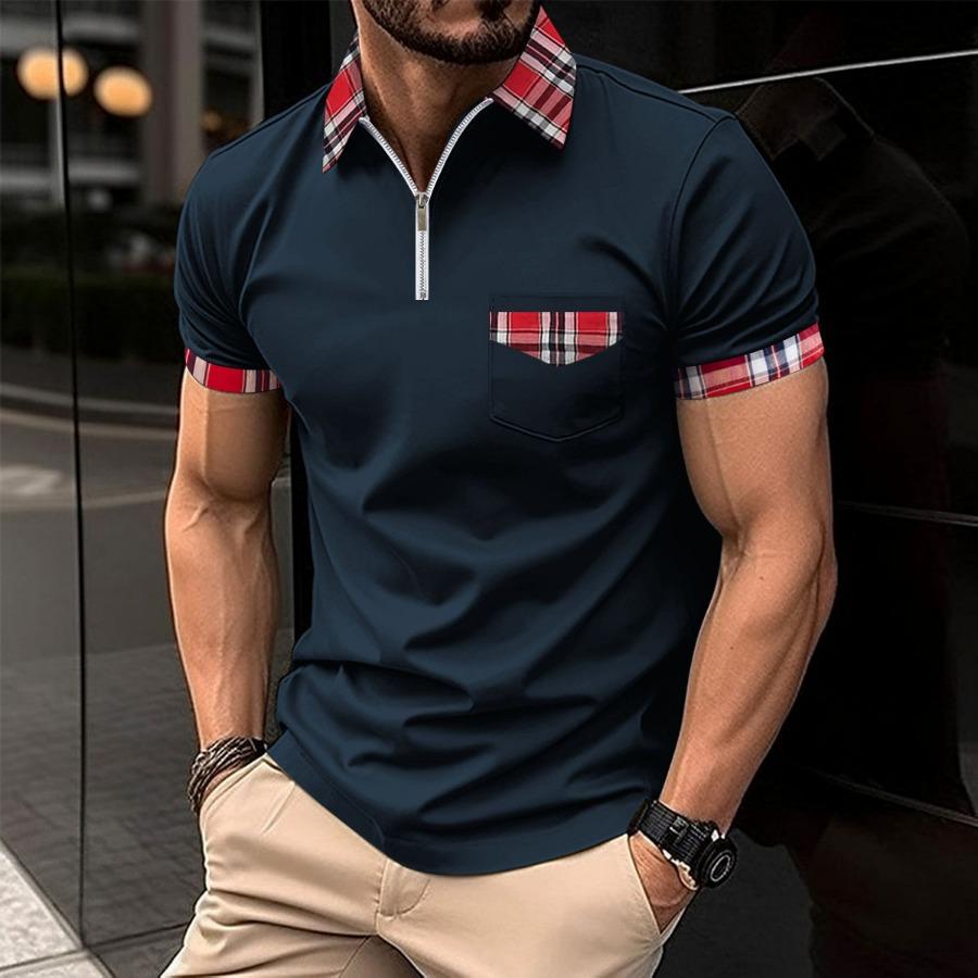 WowClassic Zomer geruit poloshirt heren wit zwart grijs blauw ritszakken voor heren korte mouw sport poloshirts S hemelsblauwe kleur