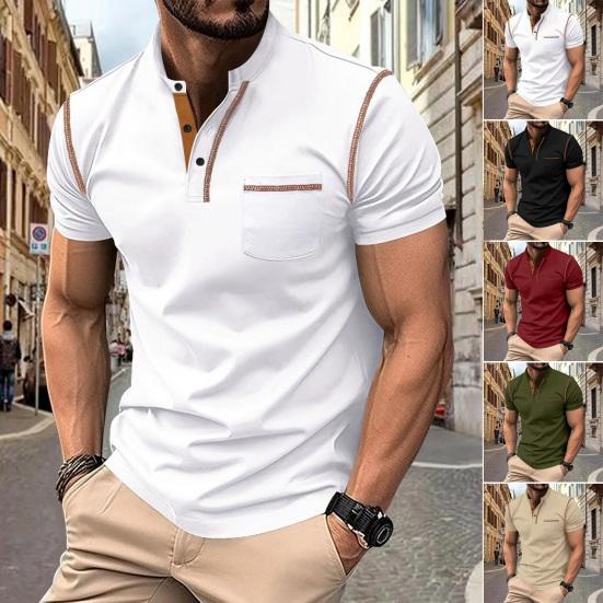 Charman Heren Zomer T-shirt Effen Kleur Slim Fit Knoopsluiting Opstaande Kraag Elastisch Snel Droog Zacht Ademend Casual Trui Korte Mouwen Middellange Dagelijkse Top M legergroene kleur