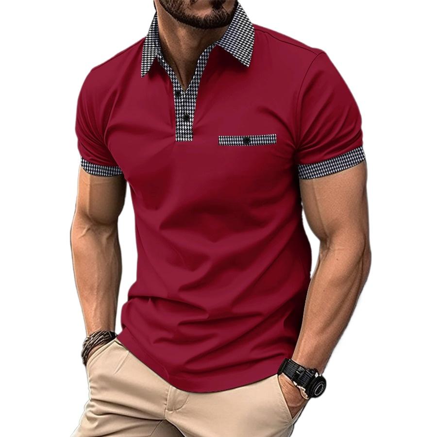 ForYourBeauty Heren Korte Mouw Polo Kraag T-shirt Wit Zwart Blauw Poloshirts Heren Casual Patchwork Plaid Print Tops S zwart