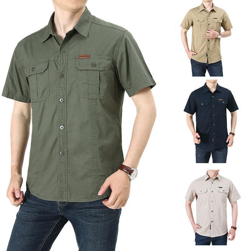 RJ37CE Zomer katoenen herenoverhemden Plus Size Tooling Poloshirt met korte mouwen T-shirt Business Casual Los ademend Absorbeer zweet 2XL legergroene kleur