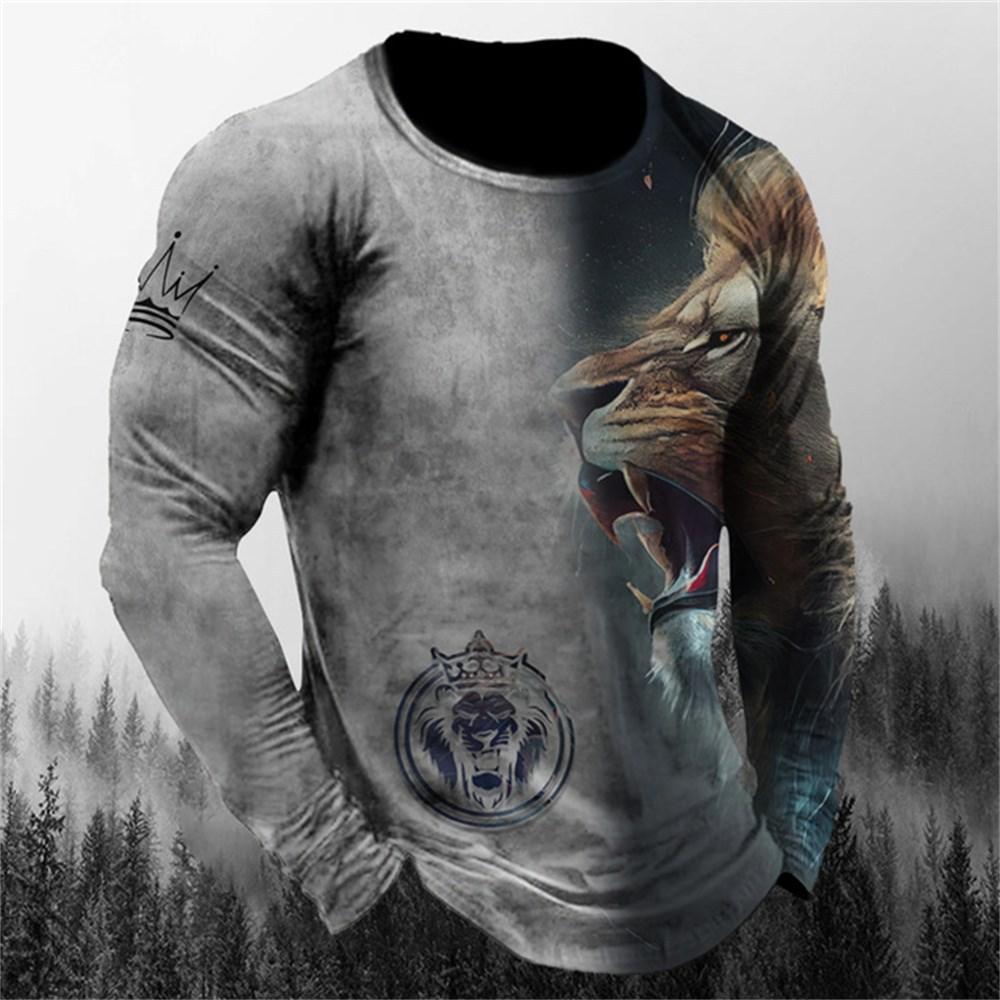 HerSight Leeuwendier Truien Heren Lente Herfst Ronde Hals Lange Mouwen Top Heren Sportkleding Plus Size Vintage 3d Print hoodie S