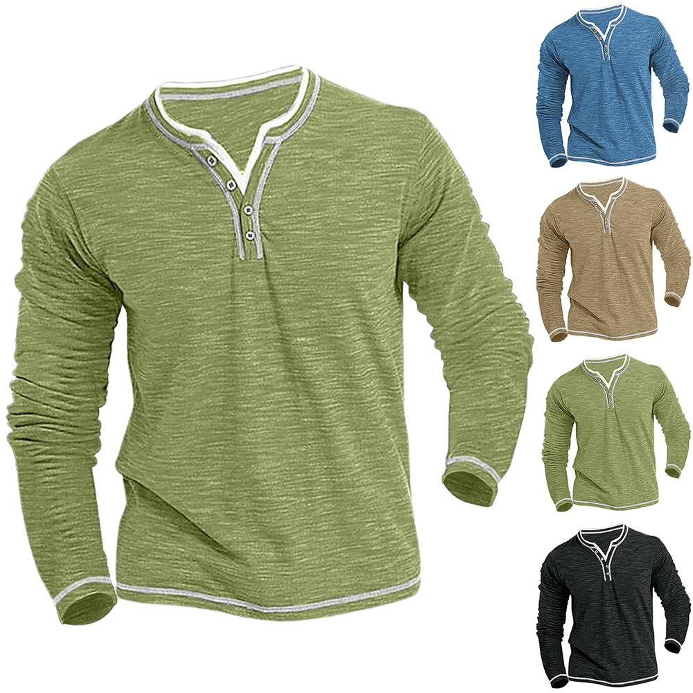 Tooyoo Heren Henley T-shirt met lange mouwen en V-hals Knopen Casual blouseoverhemden Tops S