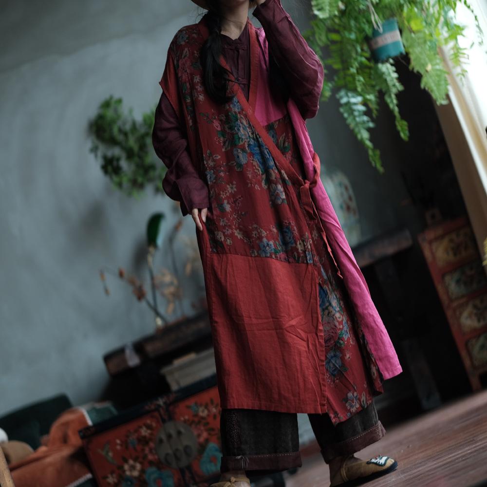 Johnature Chinese Stijl Print Bloemen Patchwork Vrouwen Riem V-hals Herfst Vintage Lange Mouwloze Tops One Size