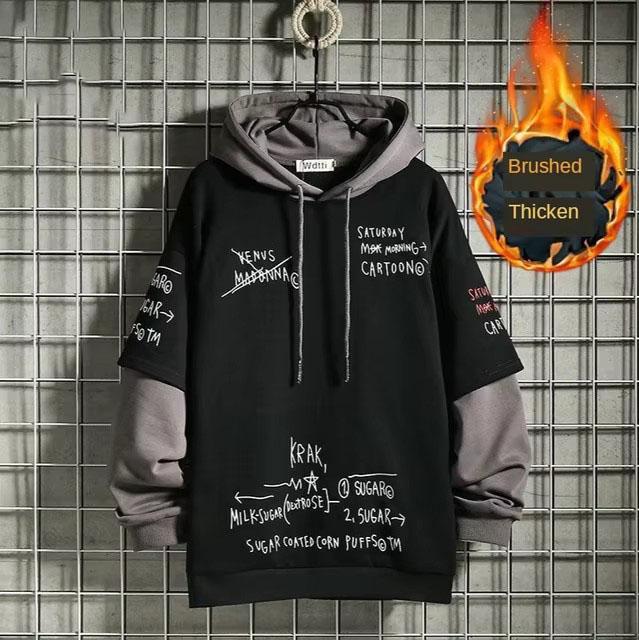 Loadingg Heren herfstmode nep tweedelige losse capuchon fleece sweatshirt XXXL zwart