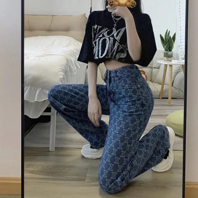 WTEMPO Love Jacquard Denim Wijde Broek Zomer Hoge Taille Losse Rechte Mopping Broek Dunne Sectie XXL