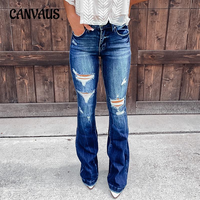 CANVAUS Damesjeans Temperament Broken Holes Micro Flare Casual Broek S donkerblauwe kleur