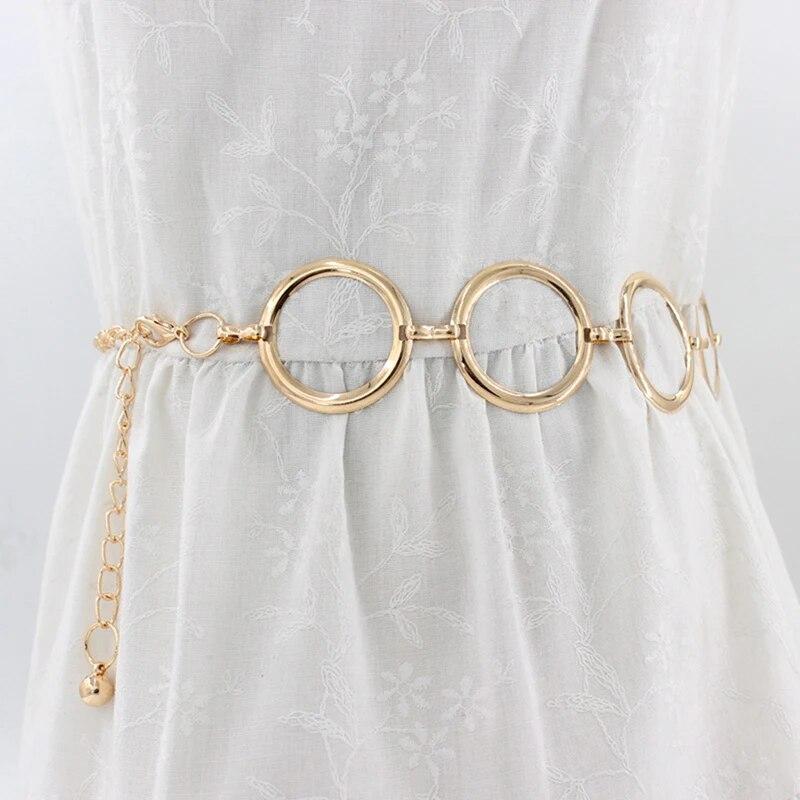 BOOSKU Vrouwen elegante beknopte all-match gouden vrouwelijke taille ketting jurk decoratie metalen riem grote ring riem