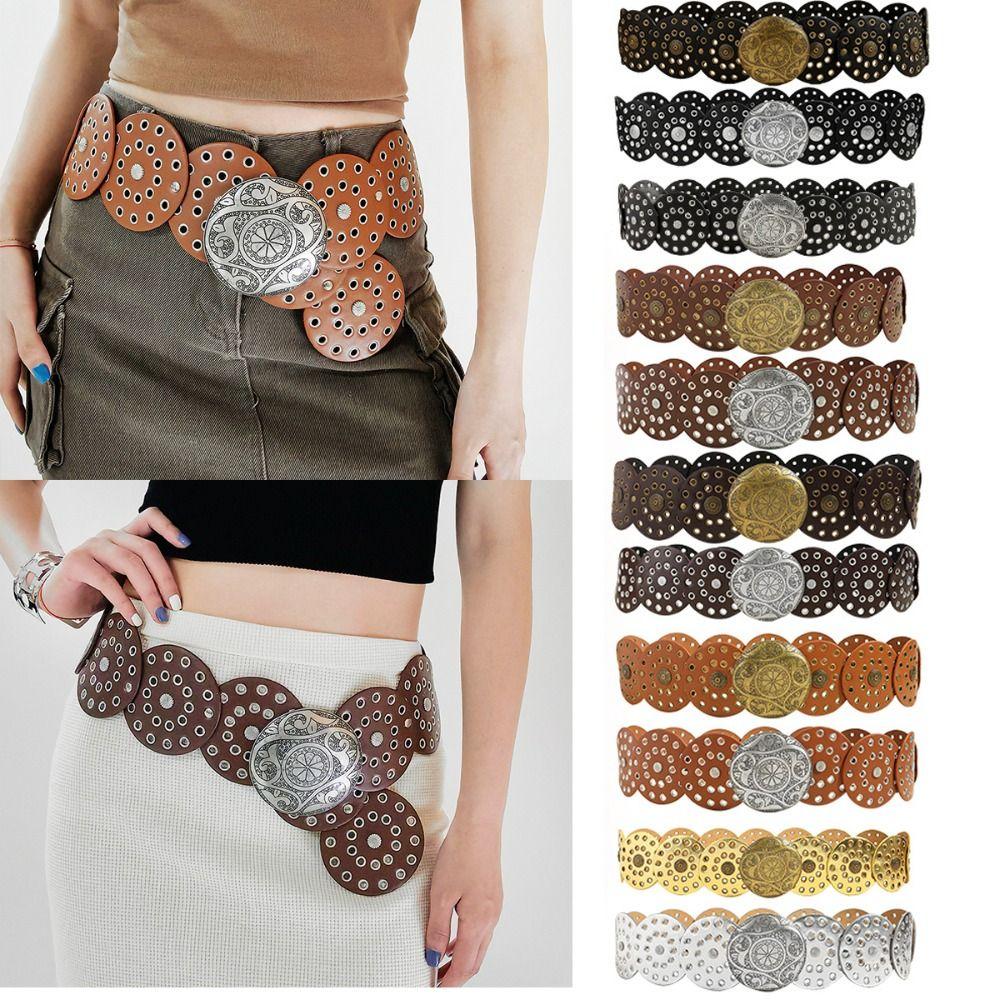 SXyurun Holle riem met metalen gesp Y2K brede riemen Vintage schijfriemen voor dames Brown-Gold Buckle