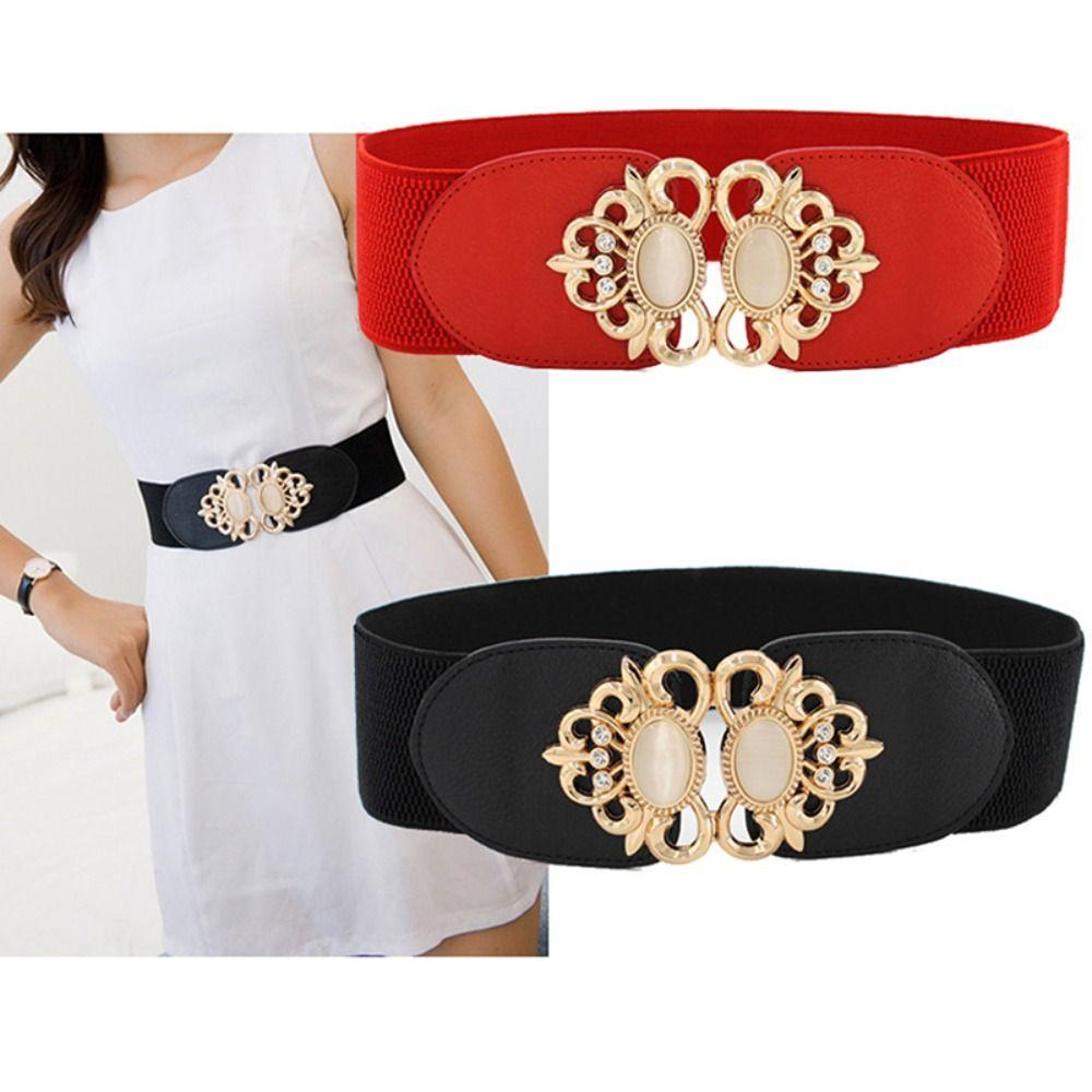 Houhgg Casual Wild Rok Banden Brede Elastische Taille Riem Retro Gesp Tailleband Dames Jurk Cummerbund rood